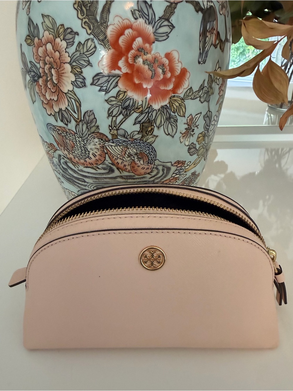 Tory Burch Pale Pink Saffiano Leather Double-Zip Cosmetic Case